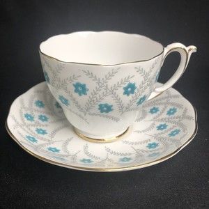 Roslyn Fine Bone Teacup & Saucer Set Cymbeline Turquoise Blue Vintage